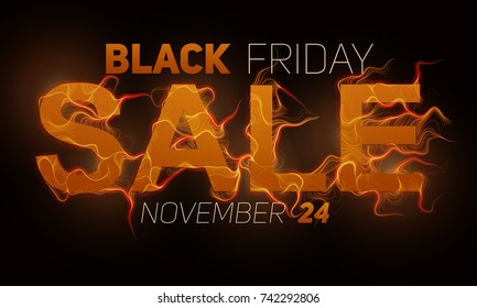Vector Black Friday Sale text with orange fire flames background. Wavy threads from golden letters. Hot Black friday sale illustration for flyers, cards, promo materials etc. Thin curly flames. eps10