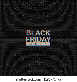 Vector Black Friday Sale web banner on binary code dark background. Online web shopping data concept. Computer numbers 1,0. Analog TV Glitch moire texture