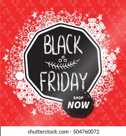 Vector Black friday sales badge. Hand written textured phrase decorated by snowflakes, stars and phantasy dots on red background