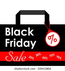 Vector. Black Friday sales. Black shopping bag with a price tag on a white background.