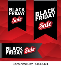 vector Black Friday sales tag or label on abstract polygonal red background. Black Friday sale poster or background 