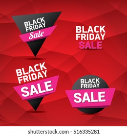 vector Black Friday sales tag or label on abstract polygonal red background. Black Friday sale poster or background 