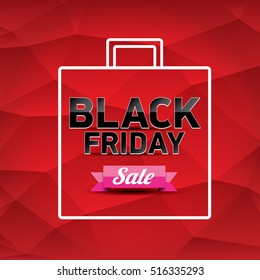 vector Black Friday sales tag or label on abstract polygonal red background. Black Friday sale poster or background 