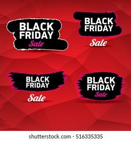 vector Black Friday sales tag or label on abstract polygonal red background. Black Friday sale poster or background 