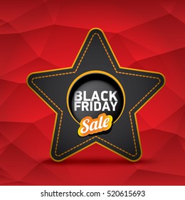 vector Black Friday sales tag or star label on red geometric background. Black Friday red sale poster or background with black star
