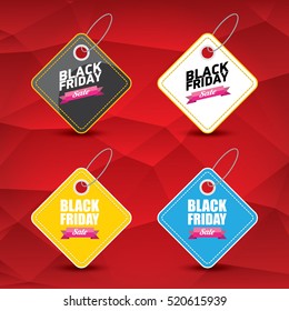 vector Black Friday sales tag or label on red geometric background. Black Friday red sale poster or background