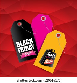 vector Black Friday sales tag or label on red geometric background. Black Friday red sale poster or background