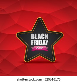 vector Black Friday sales tag or star label on red geometric background. Black Friday red sale poster or background with black star