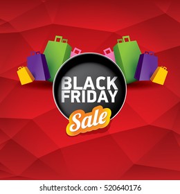 vector Black Friday sales tag or label on red geometric background. Black Friday red sale poster or background
