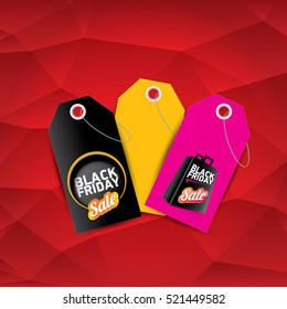 vector Black Friday sales tag or label on red geometric background. Black Friday red sale poster or background