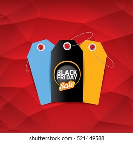 vector Black Friday sales tag or label on red geometric background. Black Friday red sale poster or background