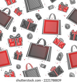 Vector Black Friday seamless pattern, square repeating background with illustrations of red paper bags, gift boxes and decorative price tags on white background, wrapping paper for black friday sale
