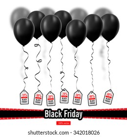 Vector. Black Friday. Several black balls isolated on white background. Black balloons with discounts on a ribbon. Sales.