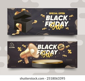 Vector Black Friday Sonderangebot Verkauf horizontale Banner mit Promotion-Text und Megaphon auf schwarzem Hintergrund.