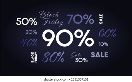 Vector black friday square horizontal banner template. Sale themed word cloud with discounts on dark background. Design element for poster, ad, sale, greeting card, voucher