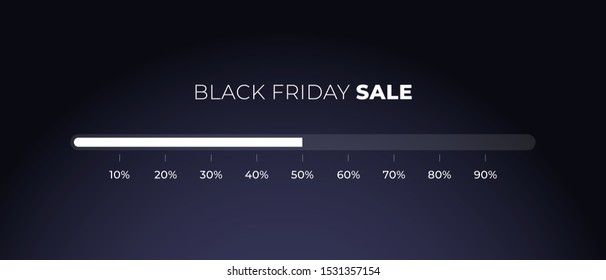 Vector black friday square horizontal banner template. Discount progress bar and white text on dark background. Design element for poster, ad, sale, greeting card, voucher