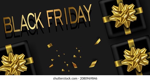 Vector. Black Friday Super Sale. Realistic black gift boxes with gold bow, confetti. Text in gold letters. Merry Christmas and Happy New Year banner. Open the gift box. View from above.