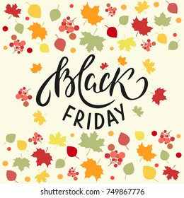 Vector Black Friday Text Banner with leaves. Vector Black Friday inscription design template. Black Friday banner. Vector illustration. Black friday sale banner. November sale background. EPS 10.