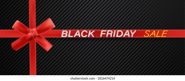 vector black friday text on red ribbon with black texture background.