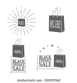 Vector Black Friday vintage logotypes set . Retro emblems collection. Winter sale , discount  , black color shopping bags .