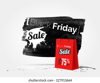 vector Black Friday watercolor banner with splashes of ink and shoppping bag