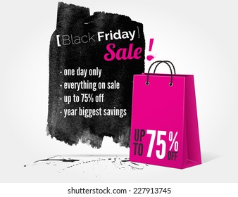 vector Black Friday watercolor banner with splashes of ink and shoppping bag