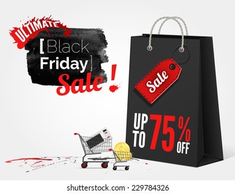 vector Black Friday watercolor banner with splashes of ink and shoppping bag and a cart