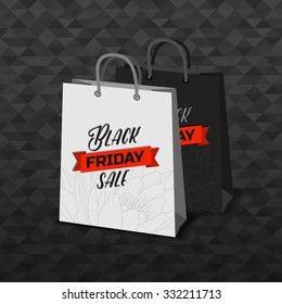 Vector Black Friday black and white shopping bags. Sale advertising objects on seamless background