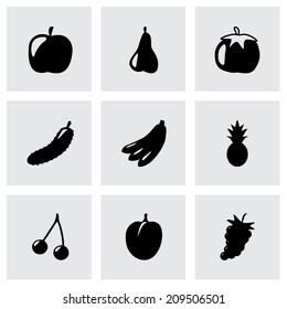 Vector black fruit and vegetables icons set on grey background