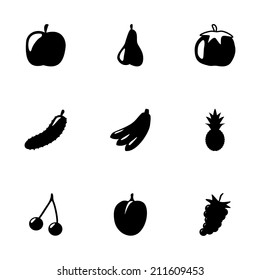 Vector black fruit and vegetables icons set on white background