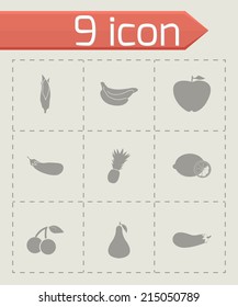 Vector black fruit and vegetables icons set on grey background