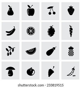 Vector black fruit and vegetables icons set on grey background