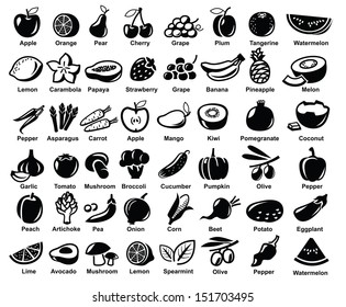 vector black fruits and vegetables icon set on white