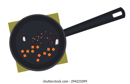 Vector  black frying pan.  Cooking element.  Cooking equipment. Fried chopped carrot and garlic on the frying pan.
