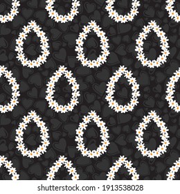 Vector black fun daisy flowers teardrops repeat pattern with dark grey hearts background. Suitable for textile, gift wrap and wallpaper.