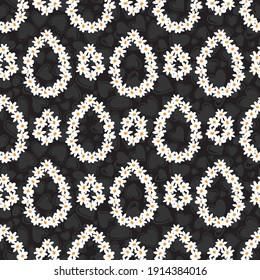 Vector black fun daisy flowers rows of teardrops repeat pattern with dark grey hearts background. Suitable for textile, gift wrap and wallpaper.