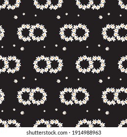 Vector black fun daisy flowers double circle infinity loop rings repeat pattern. Suitable for textile, gift wrap and wallpaper.