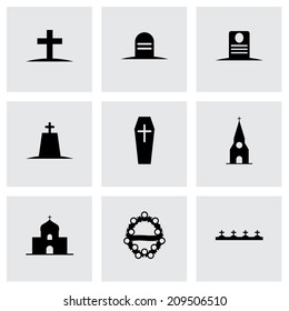 Vector black funeral icons set on grey background
