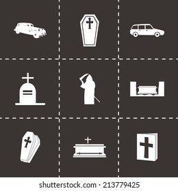 Vector black funeral icons set on black background