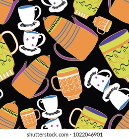Vector black garden tea party seamless pattern background. Perfect for scrapbooking, fabric, wallpaper, crafty projects.