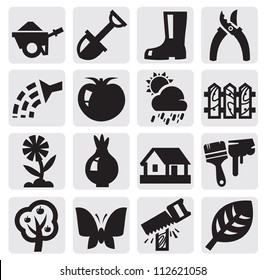 vector black gardening icons set on gray