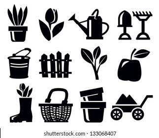 vector black gardening icons set on white