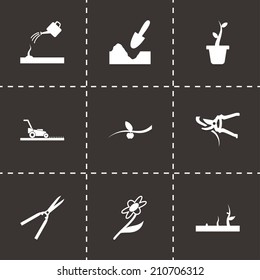 Vector black gardening icons set on black background