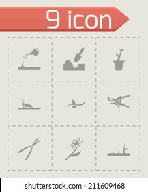 Vector black gardening icons set on grey background