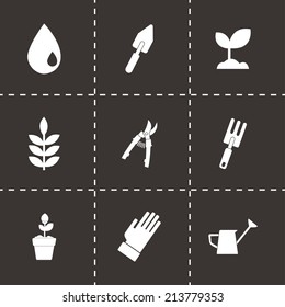 Vector black gardening icons set on black background