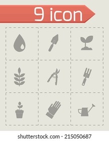 Vector black gardening icons set on grey background