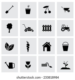 Vector black gardening icons set on grey background