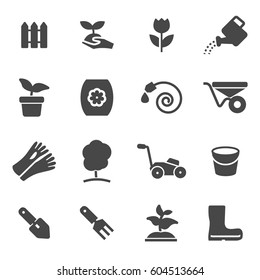 Vector black gardening icons set on white background