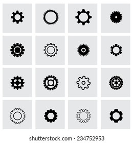 Vector black gear icon set on grey background.