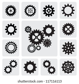 vector black gearwheel mechanism icon set on gray